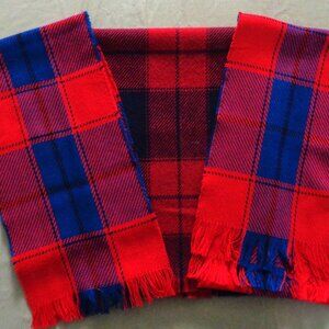 Vintage Plaid Scarf Unisex Red & Blue w/ Fringe Set of 3